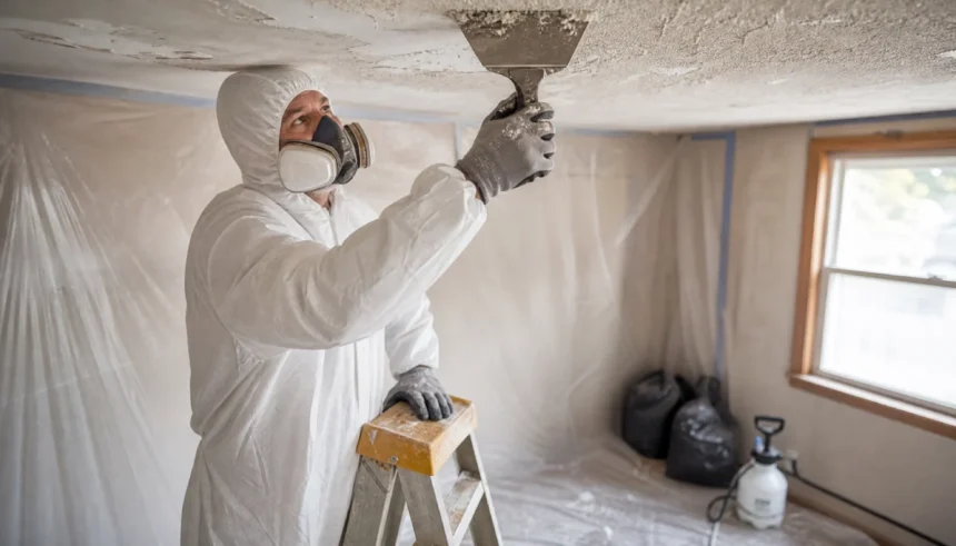 Homeowner wearing protective gear safely scraping wet popcorn ceiling texture during DIY removal