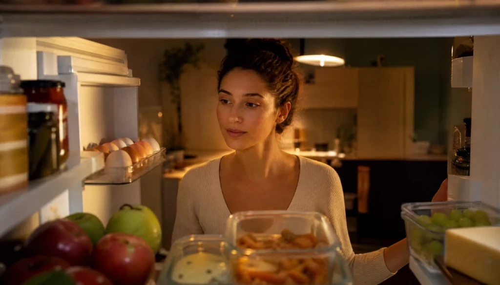 Person pausing to check in with their hunger before choosing what to eat