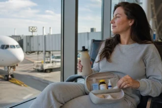 Woman at the airport preparing her travel immune health kit before a flight