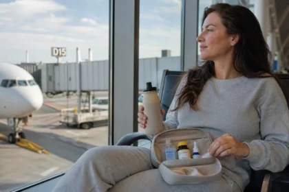 Woman at the airport preparing her travel immune health kit before a flight