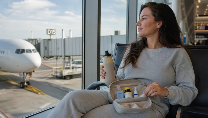 Woman at the airport preparing her travel immune health kit before a flight