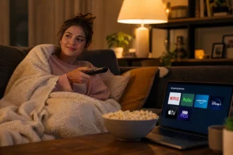 Person relaxing on a couch at night deciding what to watch on streaming apps