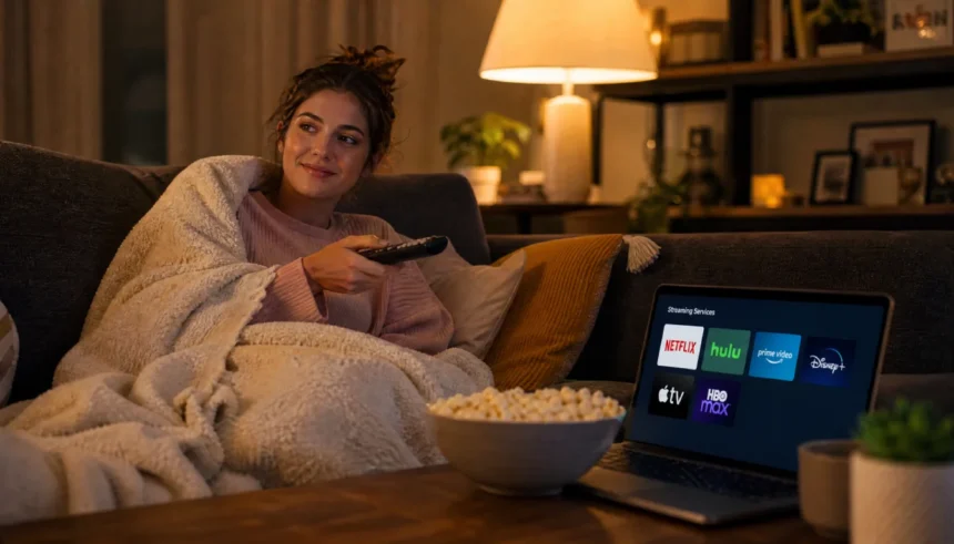 Person relaxing on a couch at night deciding what to watch on streaming apps