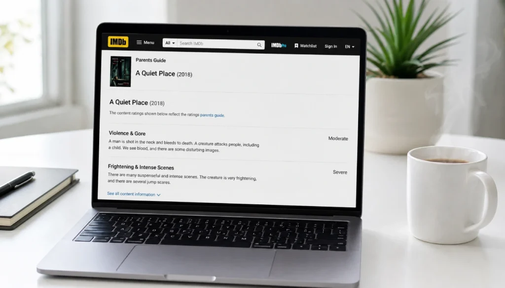IMDb Parents Guide page open on a laptop showing content warnings for a movie