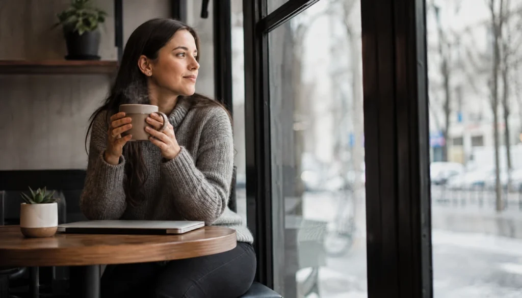 A person sitting quietly by a window, taking a calm break during their workday