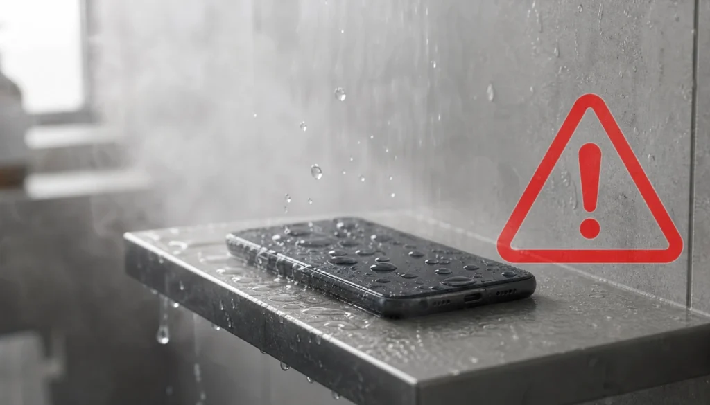 IP68 phone on shower shelf with a warning about steam and soap damage