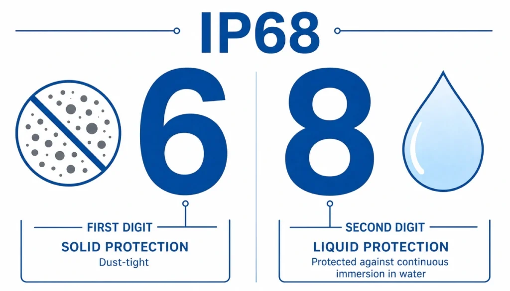 IP68 rating breakdown showing dust protection 6 and water immersion 8 icons
