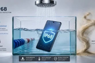 IP68 water resistance rating shown on a smartphone submerged in water
