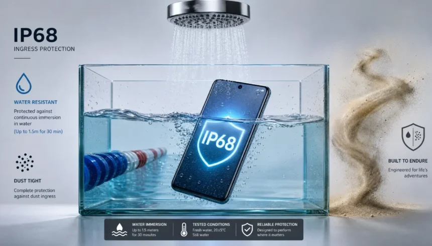 IP68 water resistance rating shown on a smartphone submerged in water