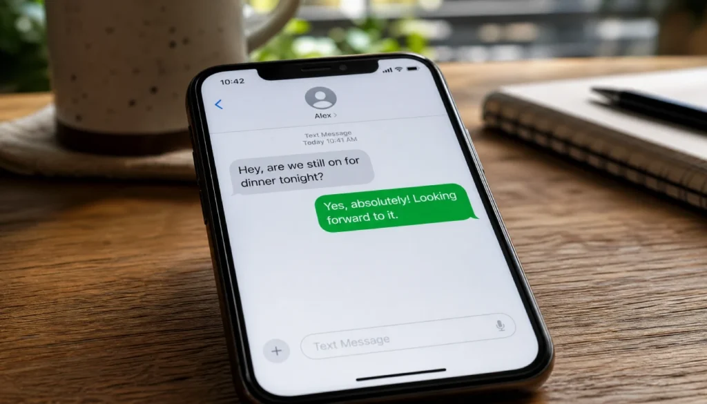 iPhone screen showing a green bubble text message on the table