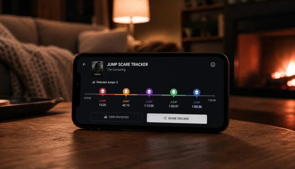 Mobile view of a jump scare database showing timestamps of scary moments in a film