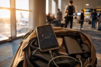 Phone with low battery next to a portable charger and backpack at an airport gate