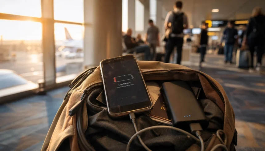 Phone with low battery next to a portable charger and backpack at an airport gate