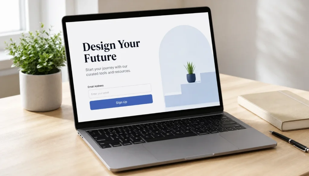 Laptop showing a simple landing page used to test product interest
