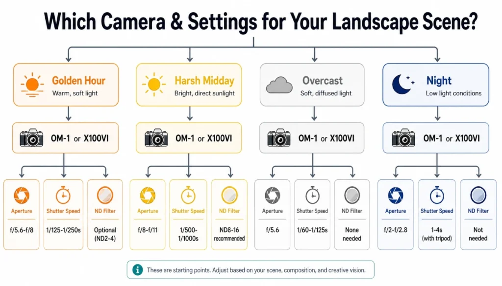 Flowchart helping photographers choose between OM‑1 and X100VI and decide landscape settings based on lighting condition.