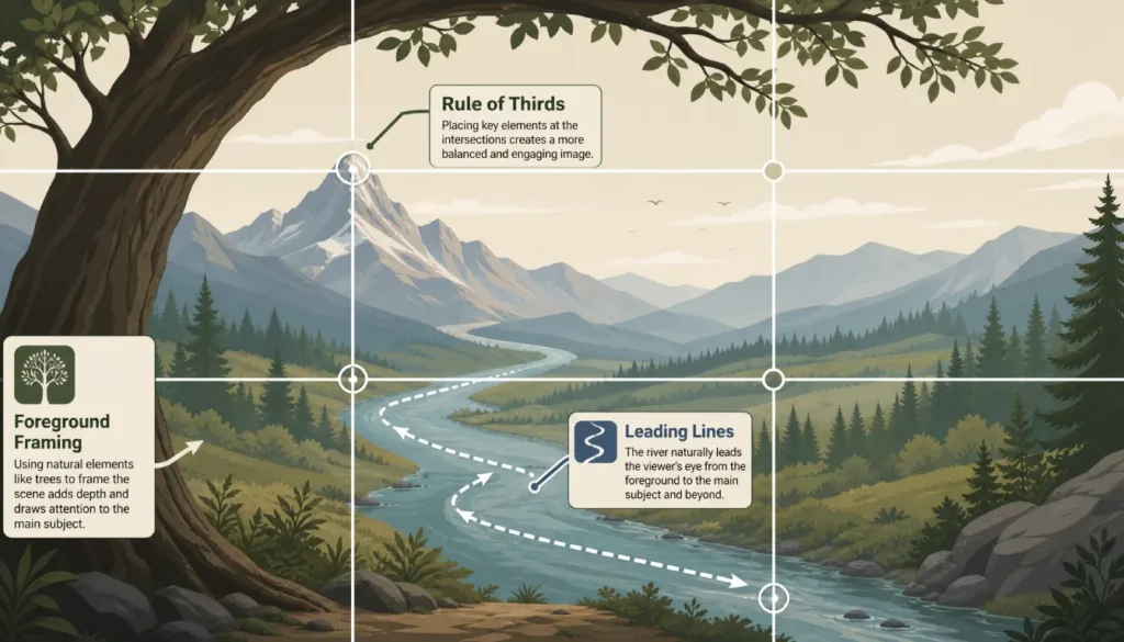Diagram illustrating landscape photography composition rules – rule of thirds, leading lines and foreground framing.