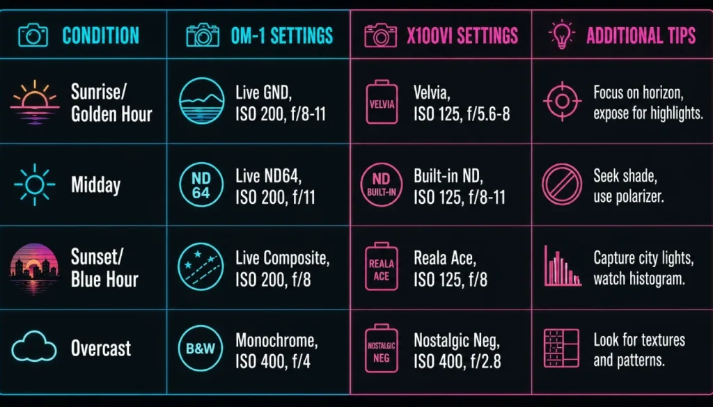 Camera settings cheat sheet for landscape photography showing OM‑1 and X100VI settings for sunrise, midday, sunset, and overcast conditions.