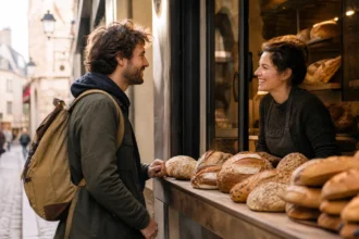 Traveler ordering bread and chatting with a local bakery owner in a European town