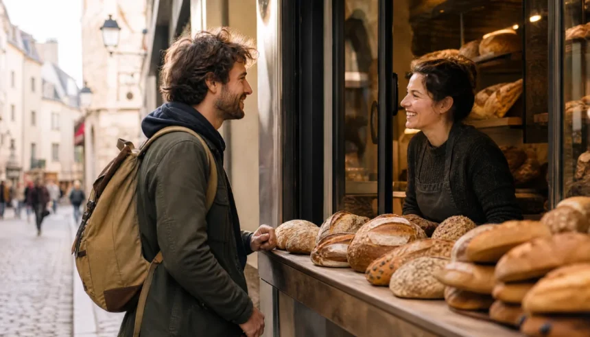 Traveler ordering bread and chatting with a local bakery owner in a European town