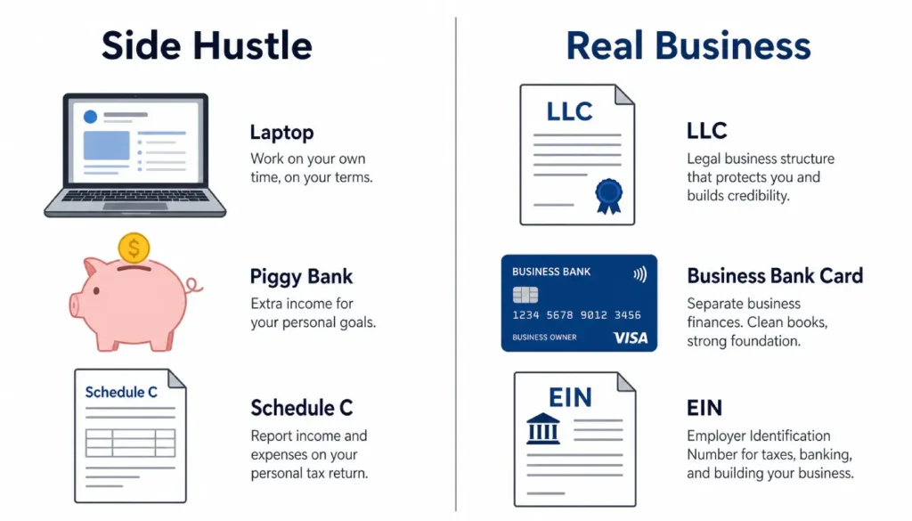 Side-by-side comparison of side hustle and business legal requirements