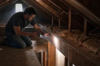 Homeowner tracing ceiling joists in attic to check if a wall is load bearing without blueprints.