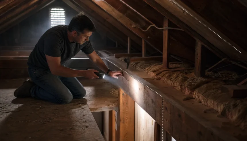 Homeowner tracing ceiling joists in attic to check if a wall is load bearing without blueprints.