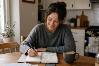 Woman writing in a budget planner at home while practicing loud budgeting