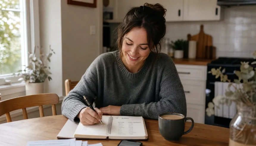 Woman writing in a budget planner at home while practicing loud budgeting