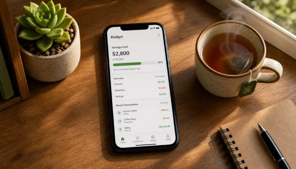 Phone screen showing a savings goal tracker as part of a loud budgeting routine