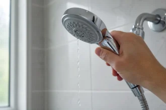 Hand holding a new shower head with weak water flow coming out