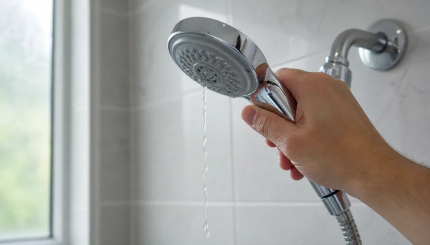 Hand holding a new shower head with weak water flow coming out