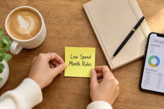 Low spend month rules sticky note with tracker and journal flat lay