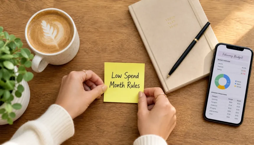 Low spend month rules sticky note with tracker and journal flat lay