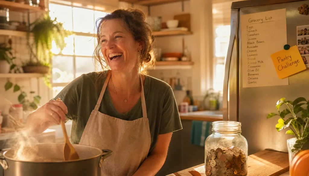 Woman cooking a low-spend month meal with pantry ingredients
