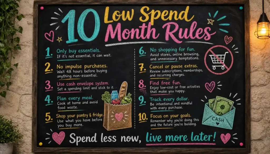 List of 10 low spend month rules for beginners on a chalkboard