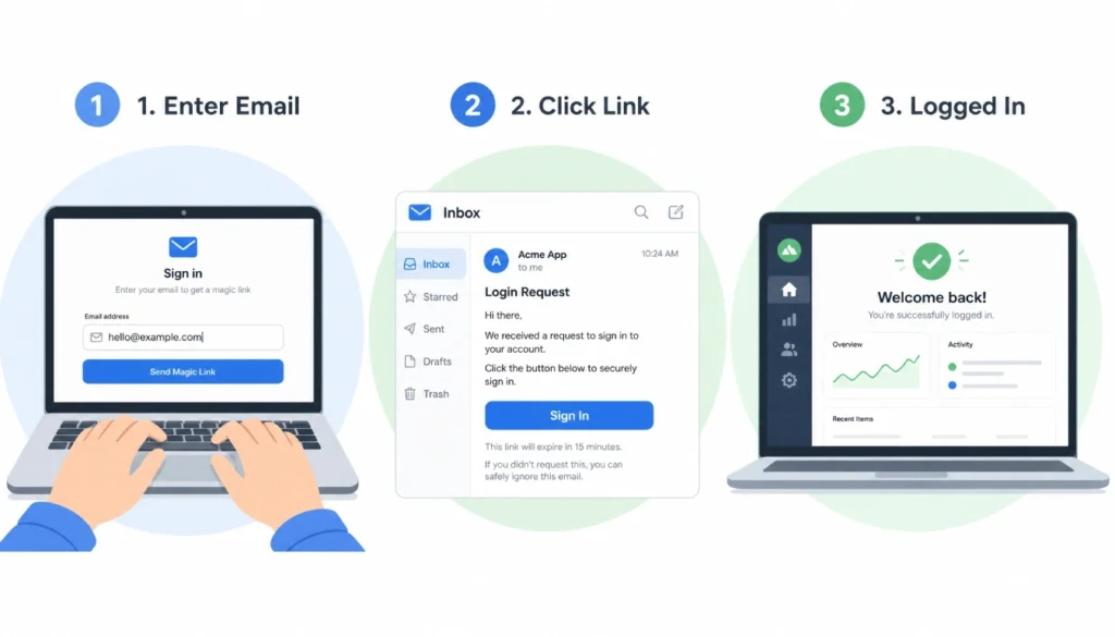 Diagram showing how an email magic link login works in 3 simple steps.