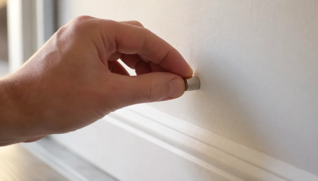 Using a magnet to locate wall studs as part of a non-invasive load-bearing wall test.