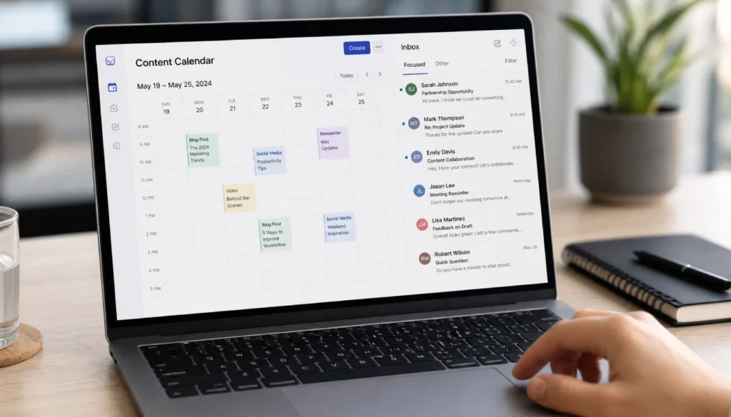 Laptop screen showing marketing tools used by a solo marketer