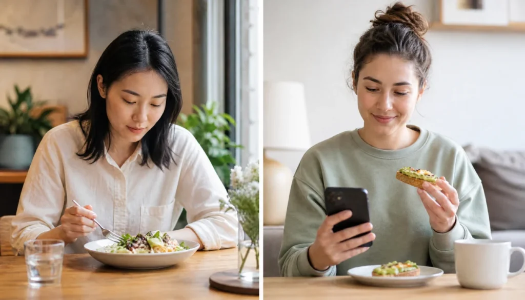 Side-by-side comparison of mindful eating and everyday intuitive eating moments