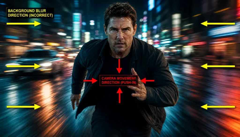 Movie still showing motion blur mismatch between a sharply captured subject and an incorrectly blurred green screen background.