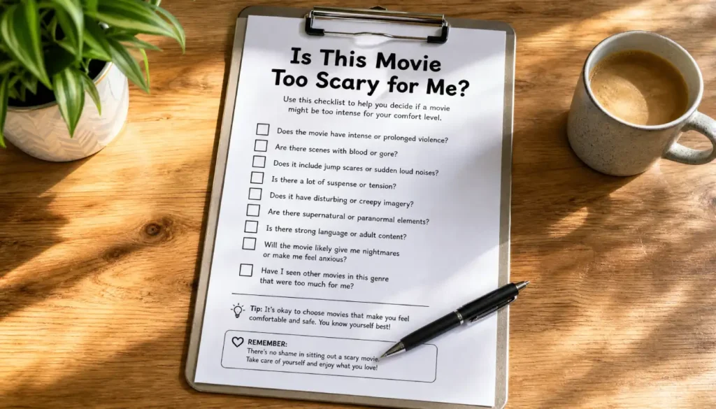 A printable movie scariness self assessment checklist with questions like do loud sudden noises bother me