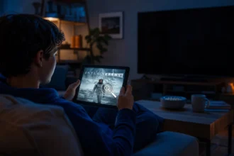 Person checking a movie's scare level on a tablet before watching