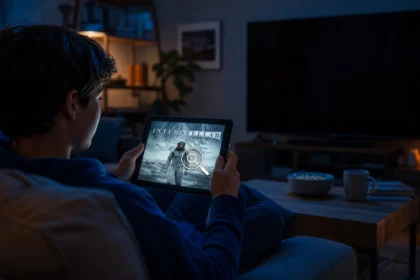 Person checking a movie's scare level on a tablet before watching