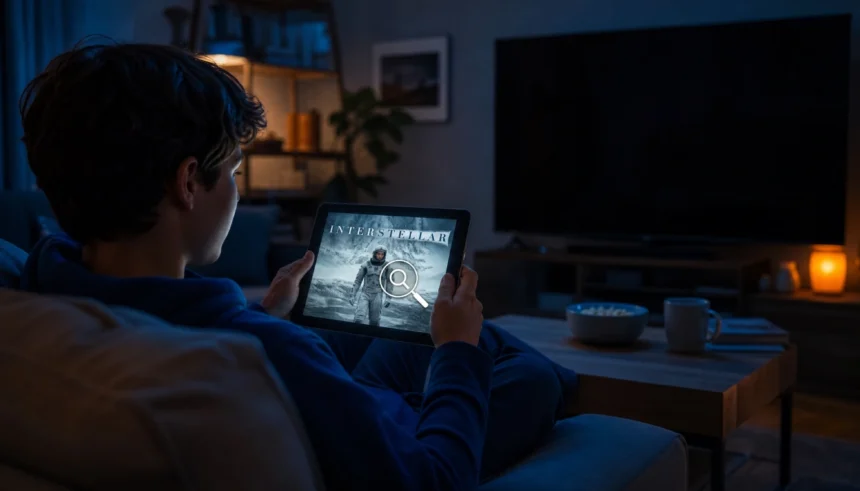 Person checking a movie's scare level on a tablet before watching