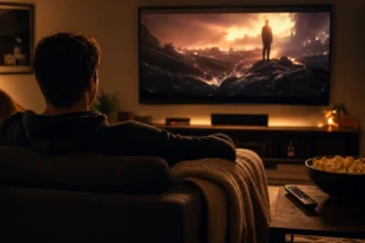 Person watching a movie at home with popcorn and blanket, TV glowing in a dim living room