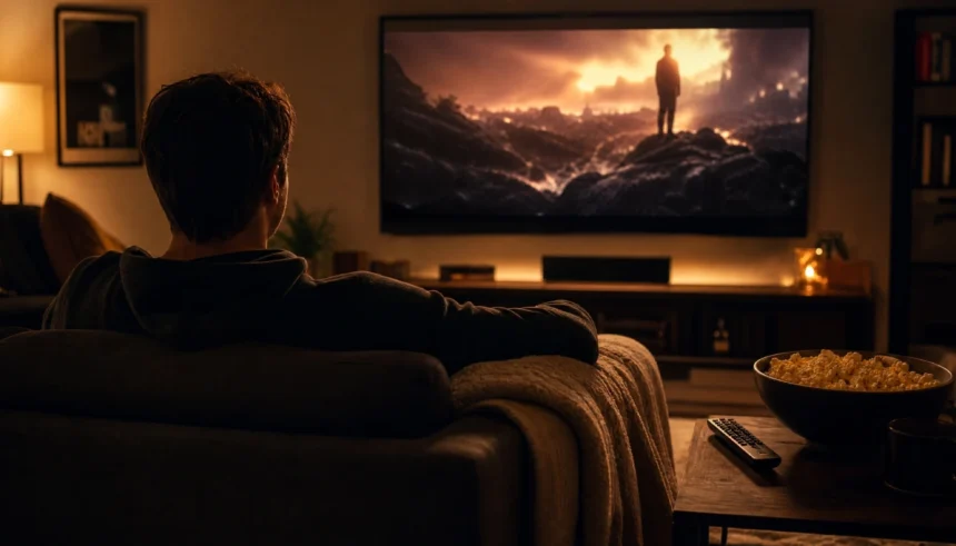 Person watching a movie at home with popcorn and blanket, TV glowing in a dim living room