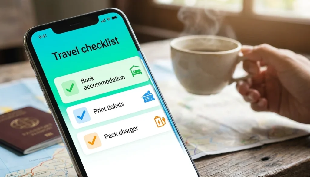 Multi-city trip checklist displayed on a travel planning app.