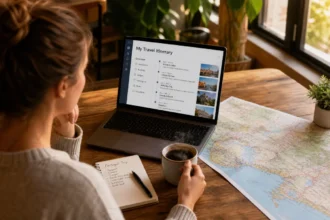 Traveler planning a multi-city trip at a cafe table.