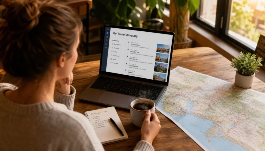 Traveler planning a multi-city trip at a cafe table.