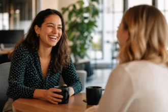 Two coworkers having a friendly coffee chat in a modern office